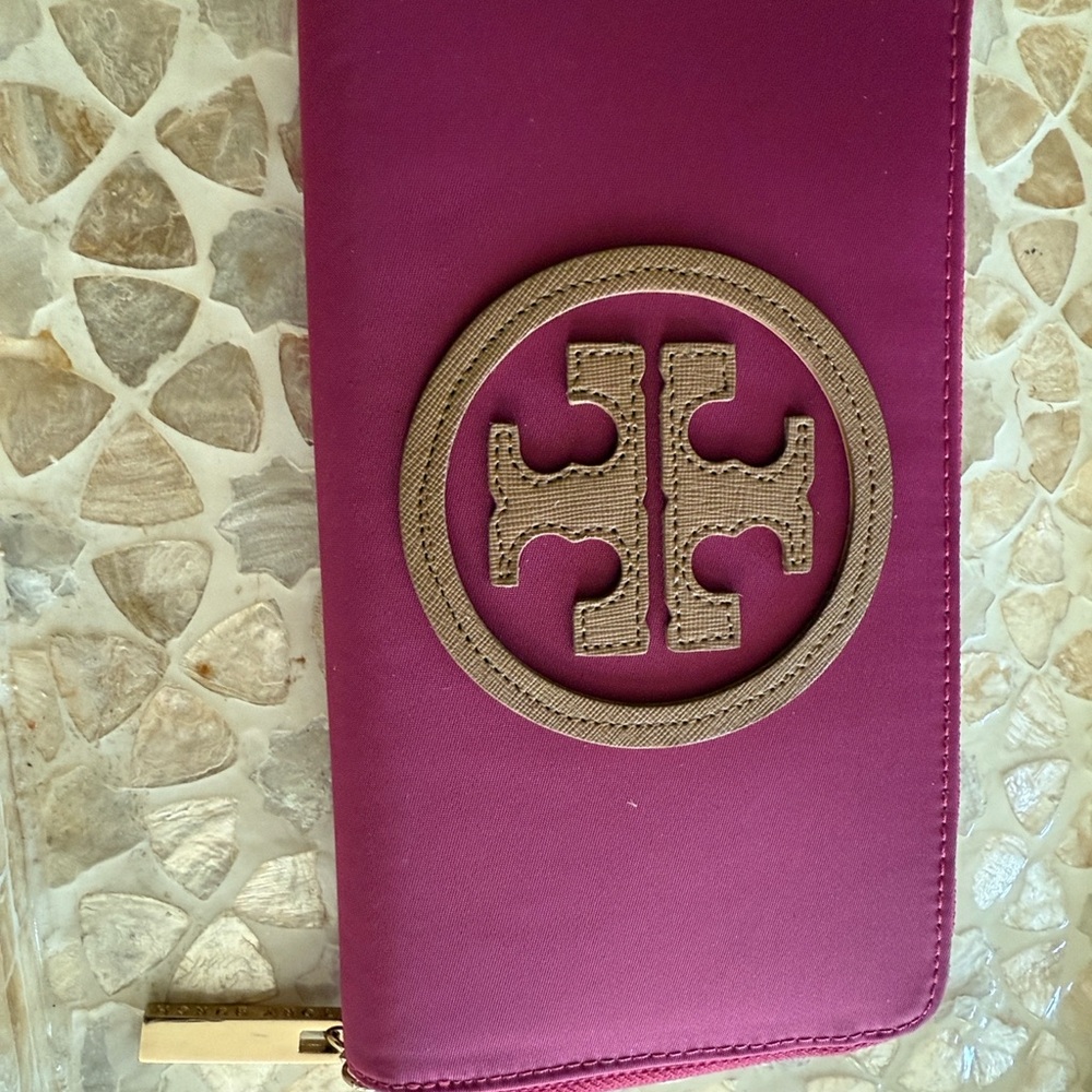 Tory Burch Magenta Wallet with Tan Logo